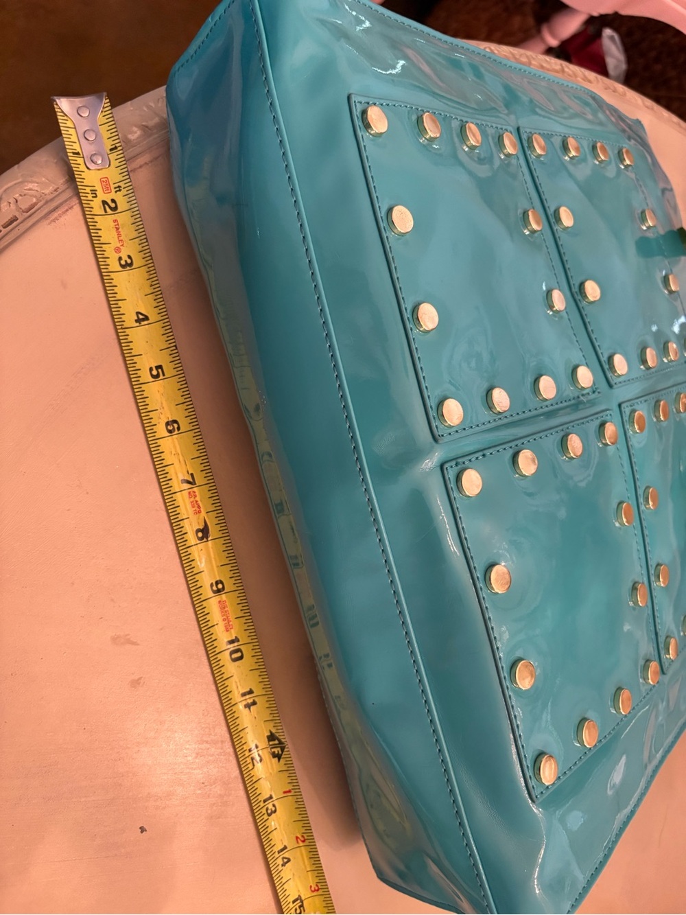 Chocolate Blue Patent Tote with Green Handles and Gold Studs - Picture 4 of 5